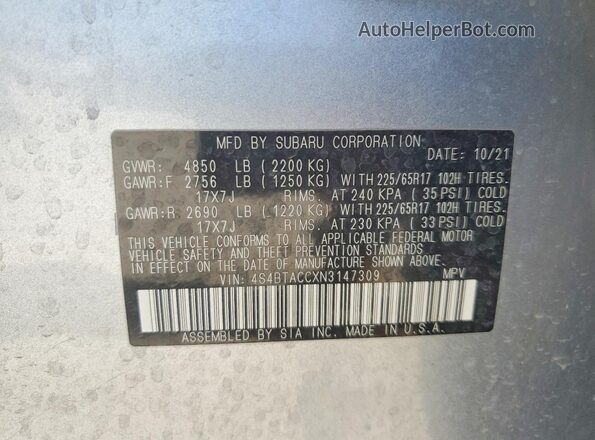 4S4BTACCXN3147309 2022 SUBARU OUTBACK Silver Widok komory silnika