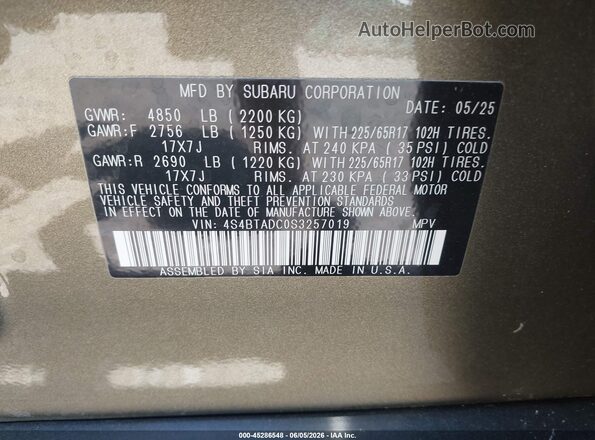 4S4BTADC0S3257019 2025 SUBARU OUTBACK Green Widok komory silnika