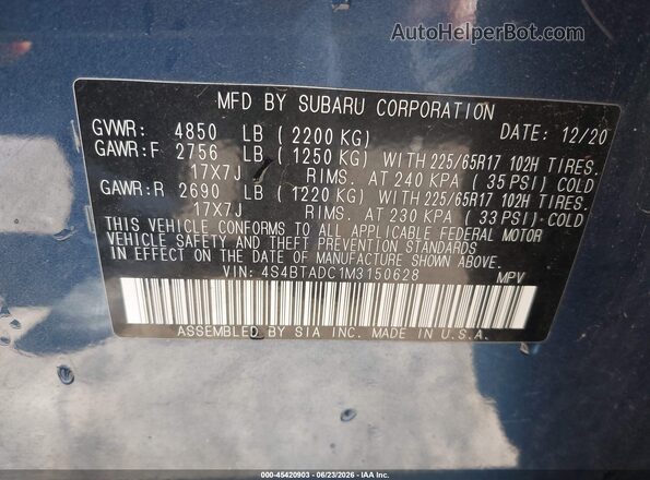 4S4BTADC1M3150628 2021 SUBARU OUTBACK Blue Շարժիչի բաժամունքի տեսք