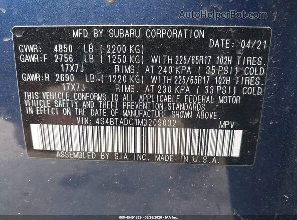 4S4BTADC1M3209032 2021 SUBARU OUTBACK Blue Vista del compartimento del motor