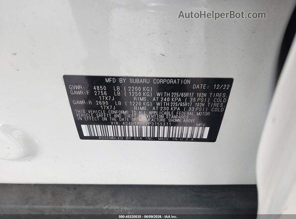 4S4BTADC2P3155311 2023 SUBARU OUTBACK Белый Вид подкапотного пространства