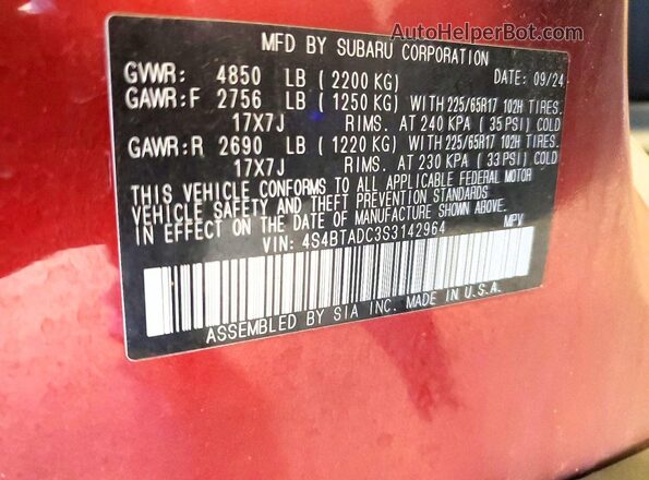 4S4BTADC3S3142964 2025 SUBARU OUTBACK Red VIN կոդի պիտակի տեսք
