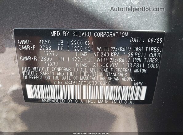 4S4BTADC3S3316340 2025 SUBARU OUTBACK Gray Vista del compartimento del motor