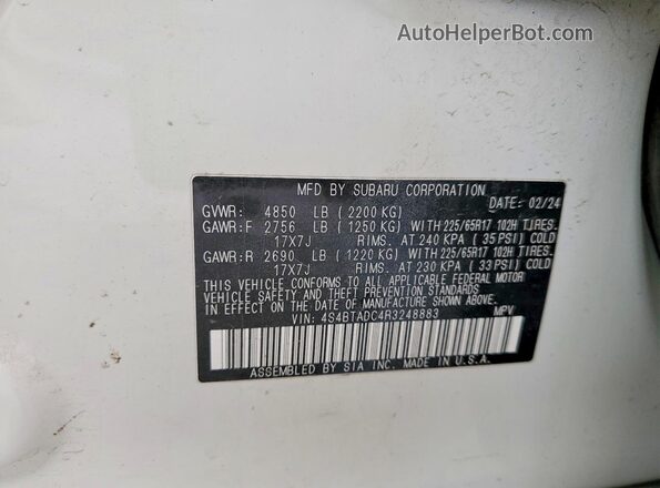 4S4BTADC4R3248883 2024 SUBARU OUTBACK White VIN կոդի պիտակի տեսք