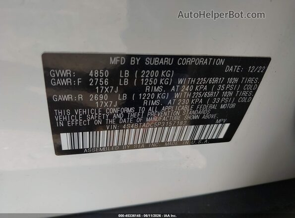 4S4BTADC5P3157182 2023 SUBARU OUTBACK Белый Вид подкапотного пространства