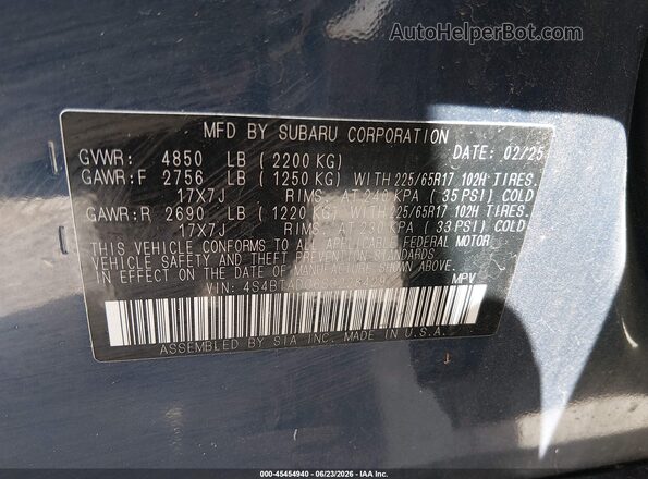 4S4BTADC6S3228429 2025 SUBARU OUTBACK Blue Vista del compartimento del motor