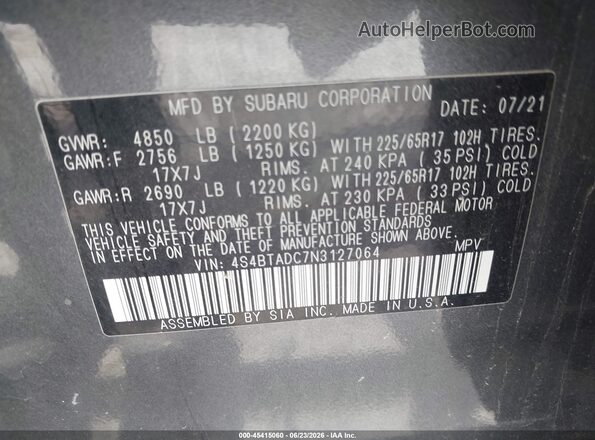 4S4BTADC7N3127064 2022 SUBARU OUTBACK Gray Widok komory silnika