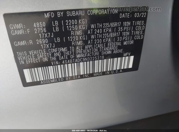 4S4BTADC9N3225318 2022 SUBARU OUTBACK Silver Vista del compartimento del motor