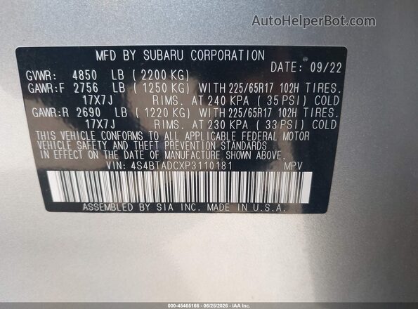 4S4BTADCXP3110181 2023 SUBARU OUTBACK Silver ძრავის განყოფილების ხედი