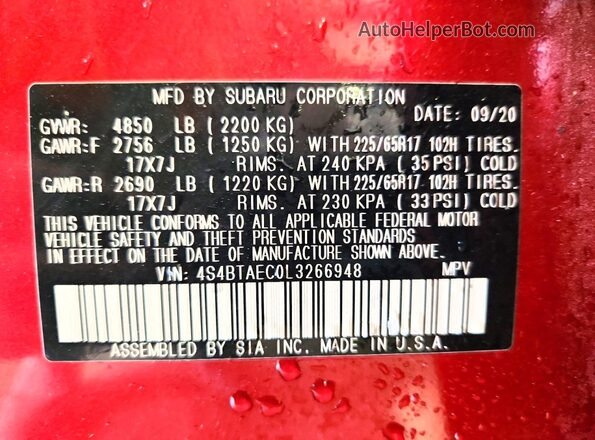4S4BTAEC0L3266948 2020 SUBARU OUTBACK Red 
