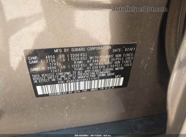 4S4BTAFC0N3117912 2022 SUBARU OUTBACK Gray Vista del compartimento del motor