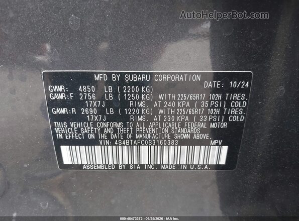 4S4BTAFC0S3160383 2025 SUBARU OUTBACK Gray Вид підкапотного простору