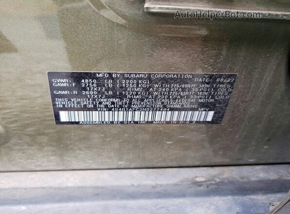 4S4BTAFC2N3277404 2022 SUBARU OUTBACK Green VIN კოდის სტიკერის ხედი
