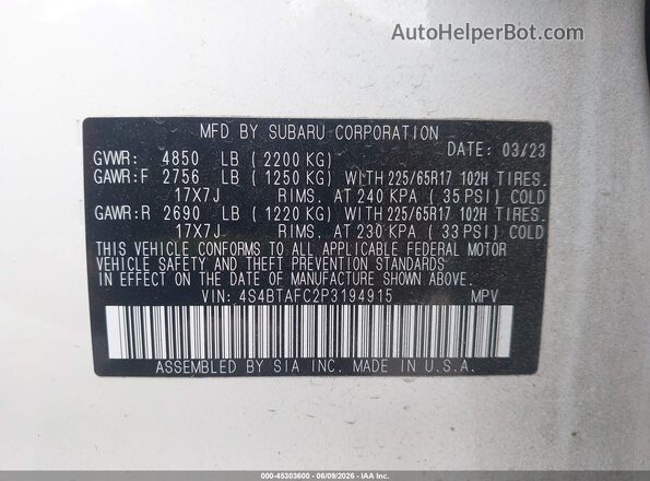 4S4BTAFC2P3194915 2023 SUBARU OUTBACK White 