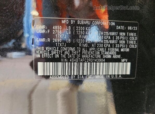 4S4BTAFC2R3143904 2024 SUBARU OUTBACK Black Vista de la etiqueta del VIN