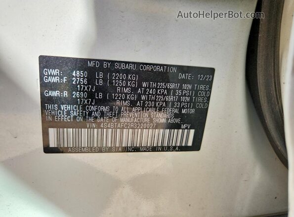 4S4BTAFC2R3220027 2024 SUBARU OUTBACK White Вид наклейки з VIN-кодом