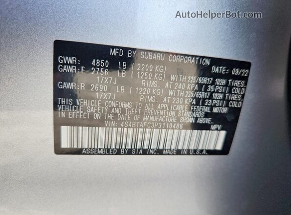 4S4BTAFC3P3110486 2023 SUBARU OUTBACK Silver Vista de la etiqueta del VIN