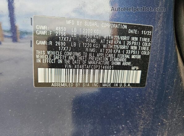 4S4BTAFC3P3146601 2023 SUBARU OUTBACK Blue VIN կոդի պիտակի տեսք