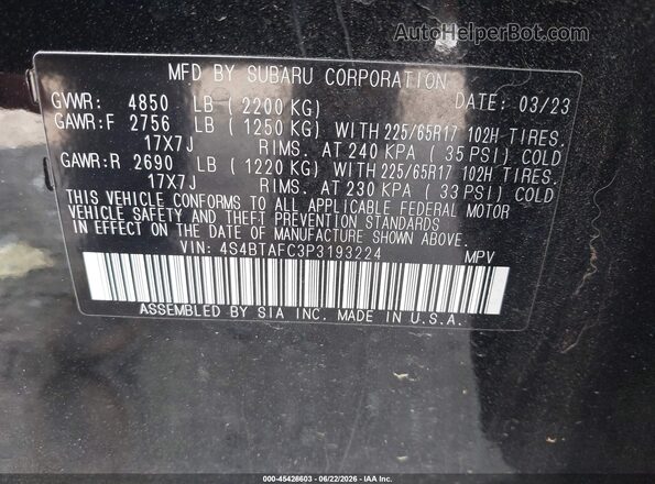 4S4BTAFC3P3193224 2023 SUBARU OUTBACK Black Widok komory silnika