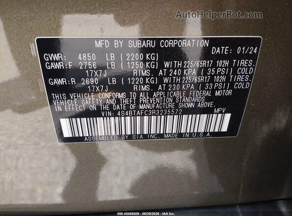 4S4BTAFC3R3235572 2024 SUBARU OUTBACK Green Engine compartment view
