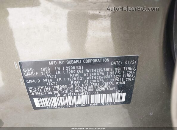4S4BTAFC3R3288868 2024 SUBARU OUTBACK Green Widok komory silnika