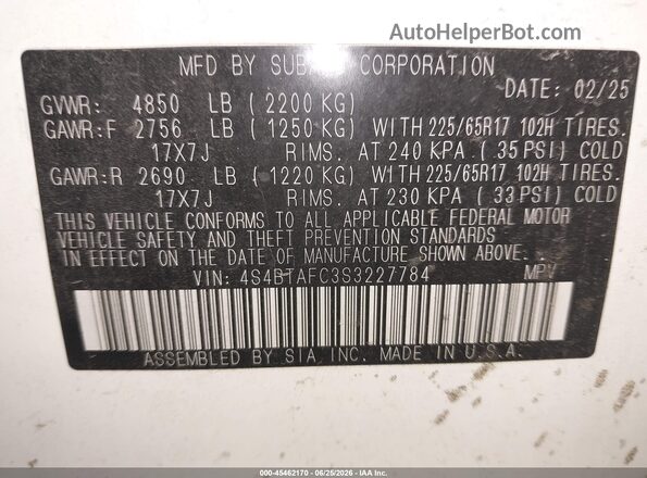 4S4BTAFC3S3227784 2025 SUBARU OUTBACK White Engine compartment view