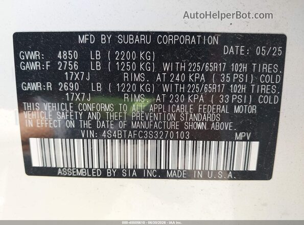 4S4BTAFC3S3270103 2025 SUBARU OUTBACK White Widok komory silnika