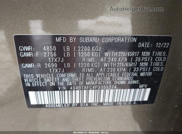 4S4BTAFC4P3155274 2023 SUBARU OUTBACK Green Vista del compartimento del motor