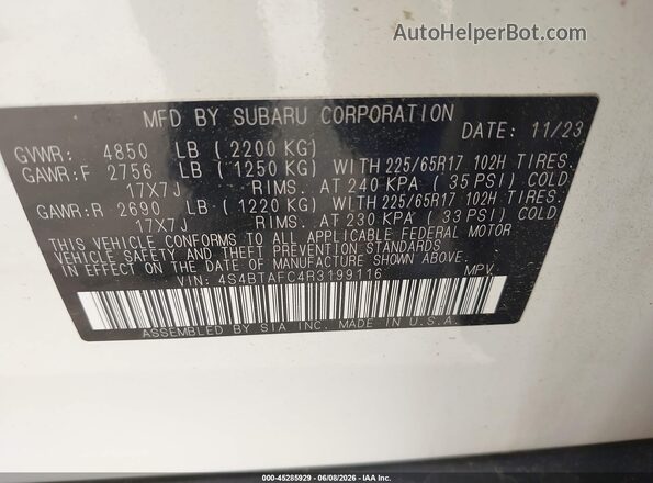 4S4BTAFC4R3199116 2024 SUBARU OUTBACK White ძრავის განყოფილების ხედი