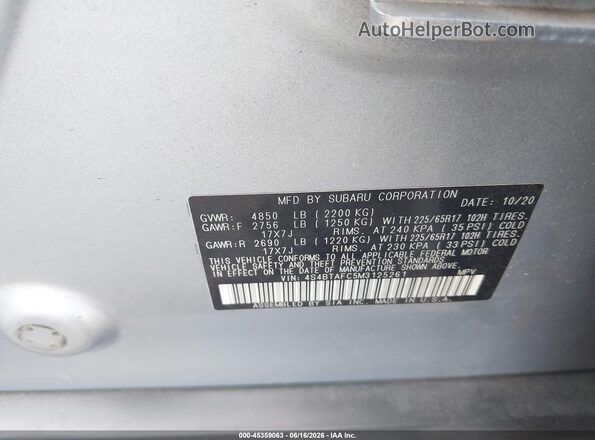 4S4BTAFC5M3125261 2021 SUBARU OUTBACK Silver ძრავის განყოფილების ხედი