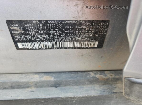 4S4BTAFC5M3220595 2021 SUBARU OUTBACK Серебряный Панорамный вид салона 360°