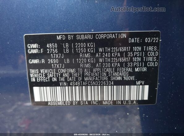 4S4BTAFC5N3226334 2022 SUBARU OUTBACK Blue Շարժիչի բաժամունքի տեսք