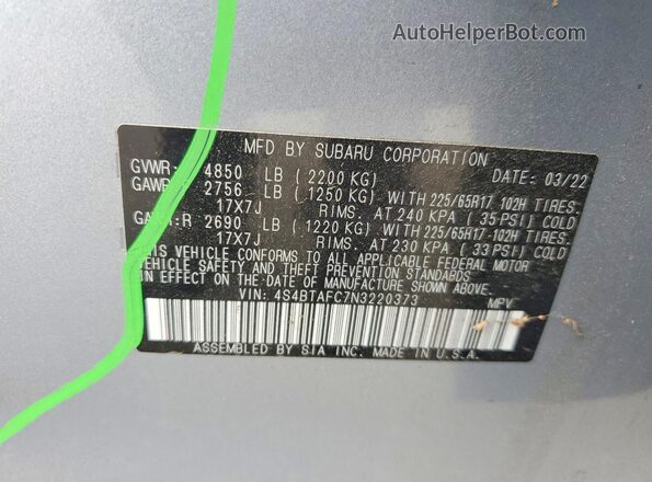 4S4BTAFC7N3220373 2022 SUBARU OUTBACK Silver Widok wnętrza 360 stopni
