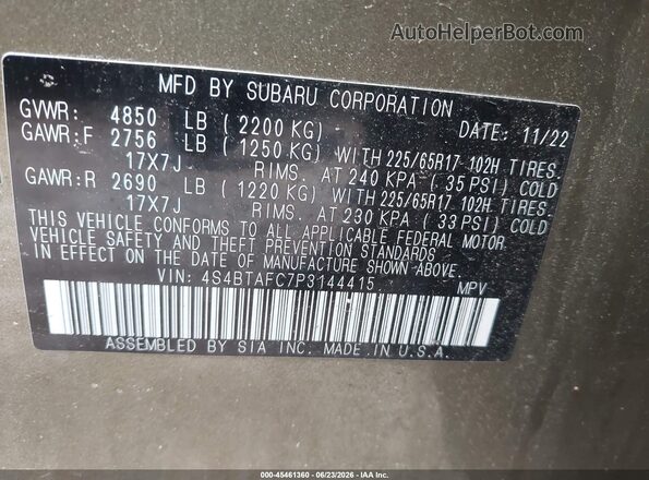 4S4BTAFC7P3144415 2023 SUBARU OUTBACK Green Engine compartment view