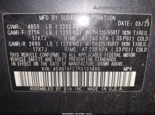 4S4BTAFC7R3101440 2024 SUBARU OUTBACK Серый Вид подкапотного пространства