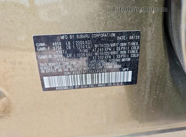 4S4BTAFC7R3145020 2024 SUBARU OUTBACK Зеленый Панорамный вид салона 360°