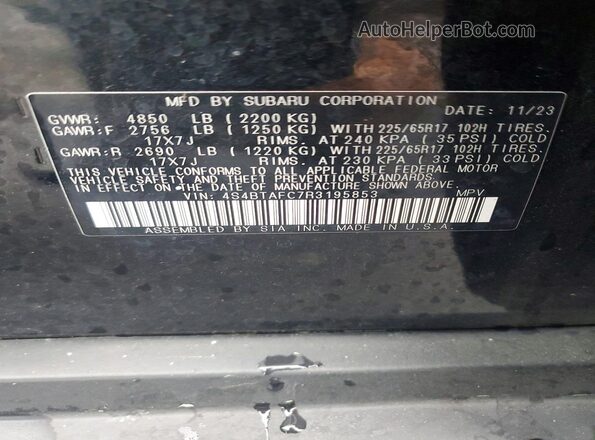4S4BTAFC7R3195853 2024 SUBARU OUTBACK Black VIN կոդի պիտակի տեսք