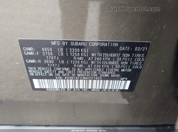 4S4BTAFC9M3201855 2021 SUBARU OUTBACK Green Engine compartment view