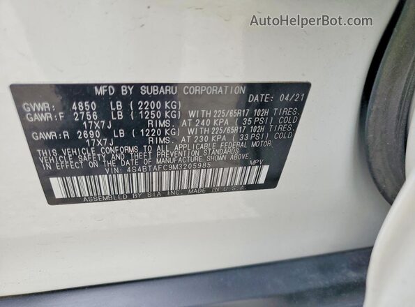 4S4BTAFC9M3205985 2021 SUBARU OUTBACK White VIN კოდის სტიკერის ხედი