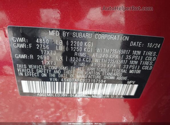 4S4BTAFC9S3157594 2025 SUBARU OUTBACK Красный Вид подкапотного пространства