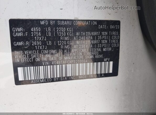 4S4BTAFCXP3210004 2023 SUBARU OUTBACK White 