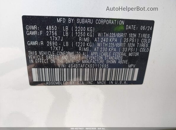 4S4BTAFCXS3112695 2025 SUBARU OUTBACK White Widok komory silnika