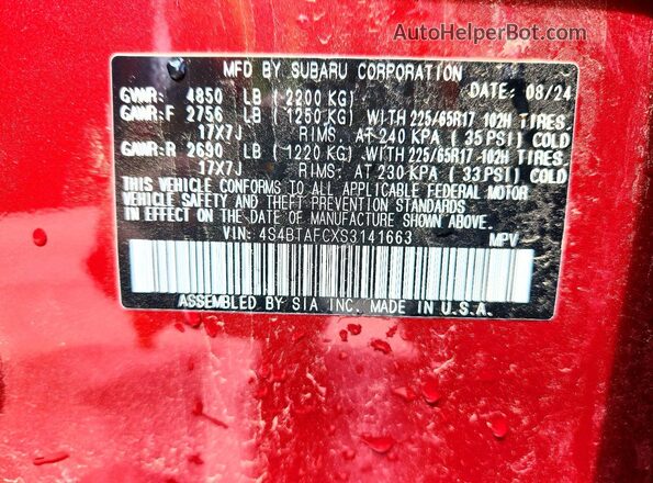 4S4BTAFCXS3141663 2025 SUBARU OUTBACK Maroon 