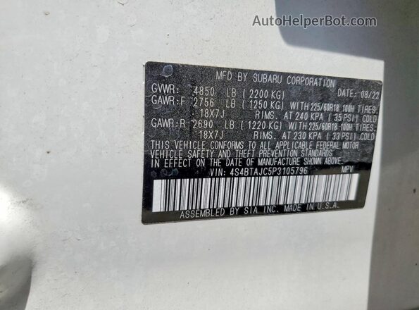 4S4BTAJC5P3105796 2023 SUBARU OUTBACK White Вид наклейки з VIN-кодом