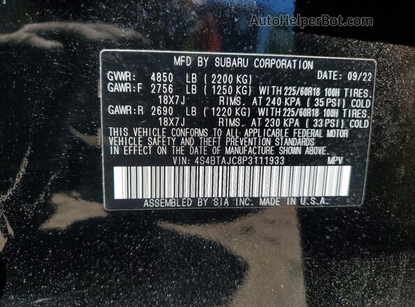4S4BTAJC8P3111933 2023 SUBARU OUTBACK Black 
