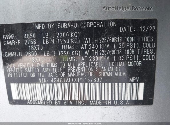 4S4BTALC0P3157897 2023 SUBARU OUTBACK Silver Շարժիչի բաժամունքի տեսք