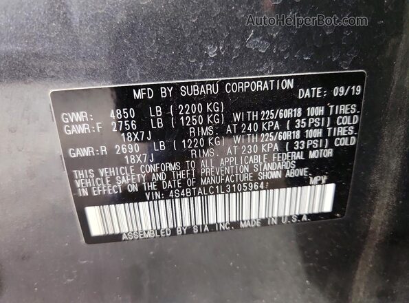4S4BTALC1L3105964 2020 SUBARU OUTBACK Серый Вид наклейки с VIN-кодом