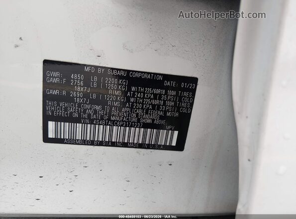4S4BTALC6P3171237 2023 SUBARU OUTBACK White Widok komory silnika
