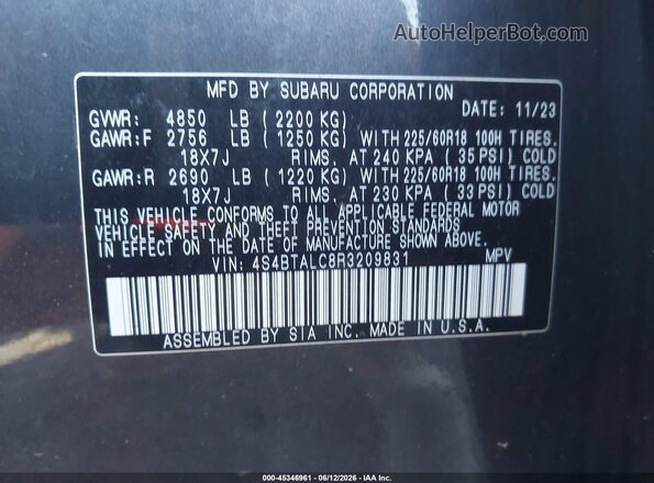 4S4BTALC8R3209831 2024 SUBARU OUTBACK Серый Вид подкапотного пространства