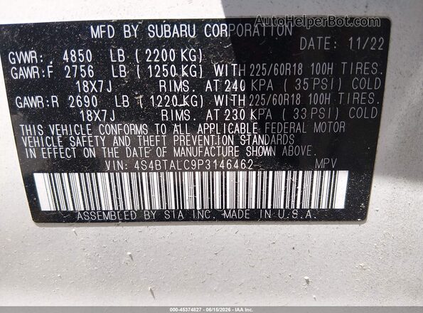 4S4BTALC9P3146462 2023 SUBARU OUTBACK White Engine compartment view